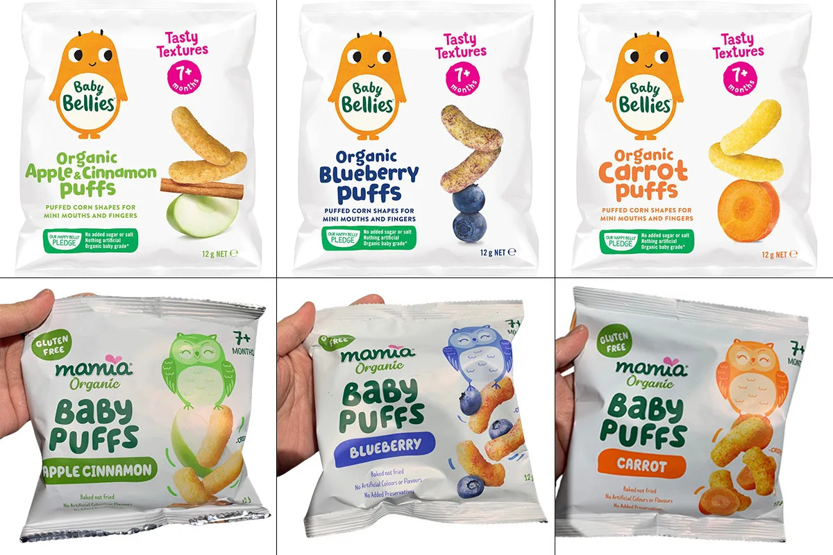 an image compring Baby Bellies and Aldi baby puffs packets
