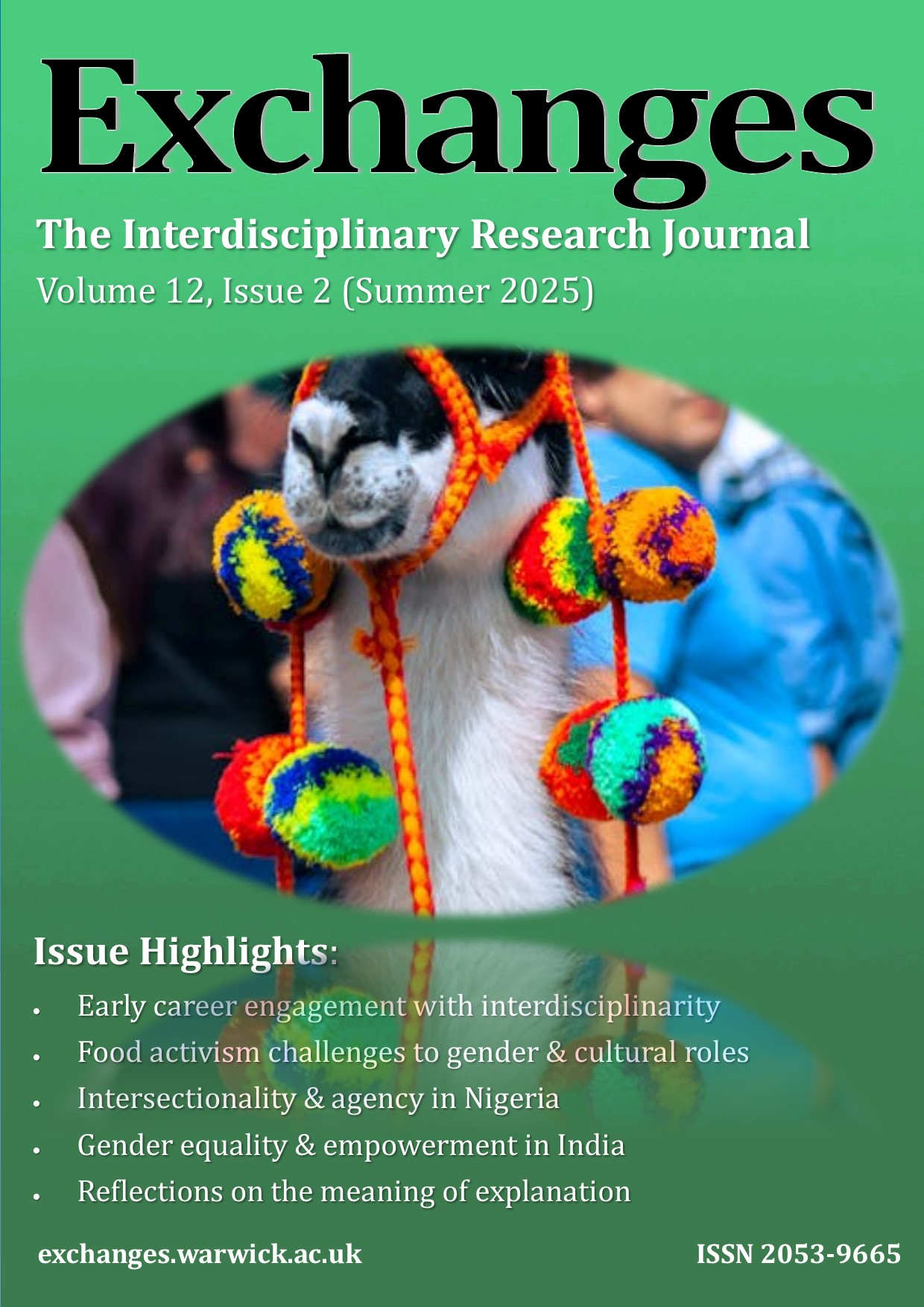 Cover of Exchanges journal volume 12 no 2, featuring a picture of a colourful llama