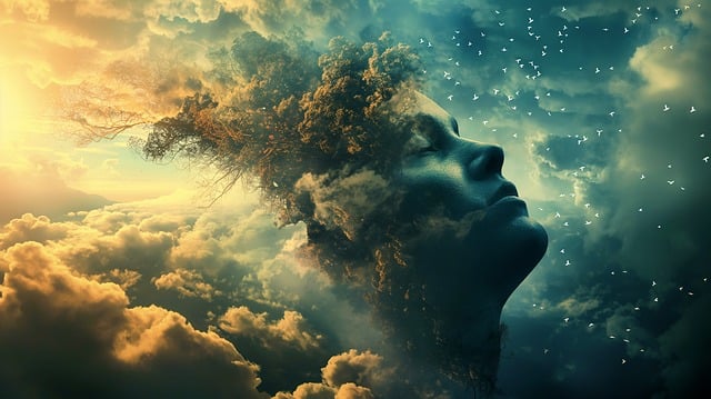 AI generated image - a woman's face with a look of serenity superimposed on a colourful cloud bank 